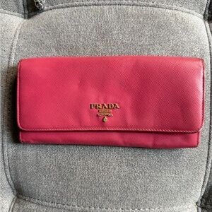 Prada Saffiano Leather Wallet Clutch in Berry Pink with Gold Logo
